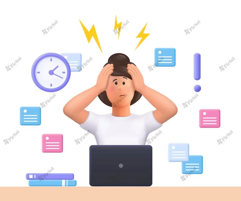 stressed young woman jane failed meet deadline deadline pressure stressful job 3d vector people character illustration / زن جوان با استرس و فشار کار سه بعدی
