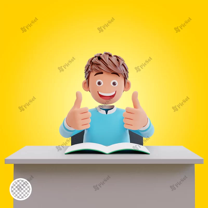student showing thumbs up 3d illustration cartoon character cute boy / دانش آموز سه بعدی پسر خوشحال در حال مطالعه