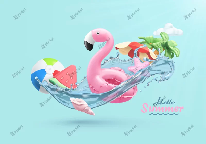 summer festive 3d card with flamingo inflatable toy watermelon palm trees shell water splash / جشن تابستانی سه بعدی با فلامینگو بادی هندوانه درختان نخل