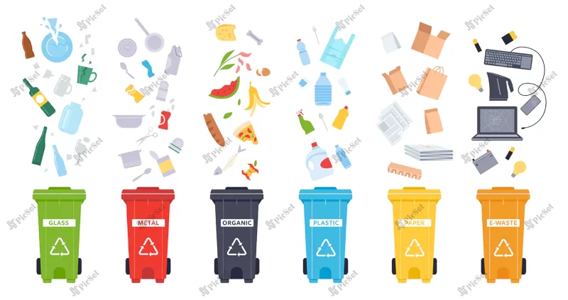 trash containers organic e waste plastic paper glass metal trash containers recycling garbage save environment illustration set waste sorting rubbish cans white-background / ظروف زباله و کاغذ پلاستیکی شیشه ای فلزی، سطل زباله بازیافت، صرفه جویی در محیط زیست