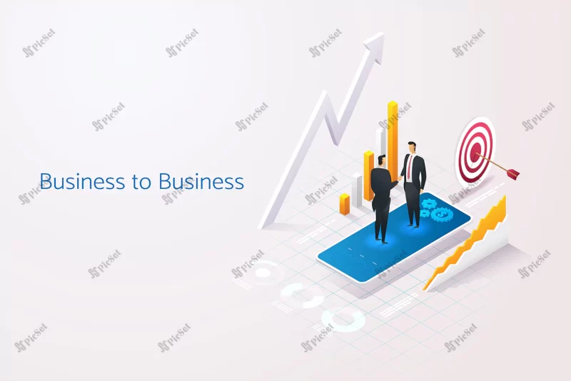 two business men shaking hands block b2b business business technology marketing internet networking business news analytics landing page isometric vector illustration / دو مرد تجاری  فناوری کسب و کار b2b بازاریابی شبکه اینترنتی کسب و کار، اخبار تحلیلی صفحه فرود، تصویر برداری ایزومتریک