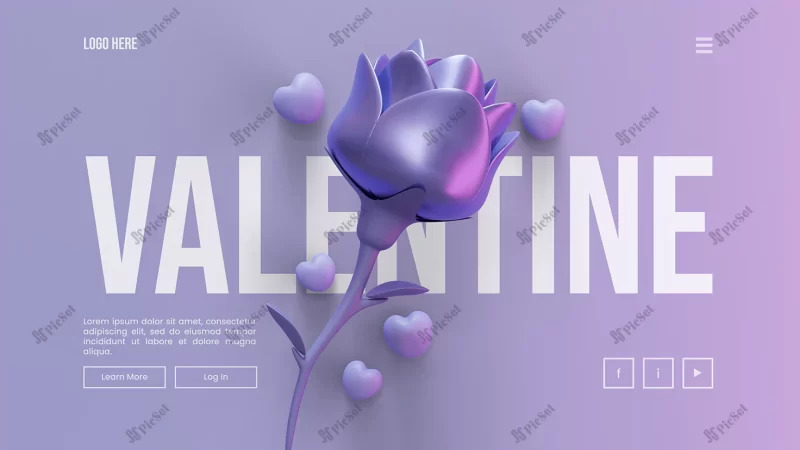 valentine landing page template with flower 3d rendering illustration / صفحه فرود ولنتاین با گل سه بعدی