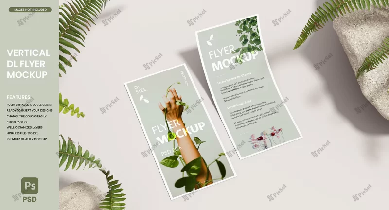 vertical dl flyer mockup design presentation with plants background 3d rendering / موکاپ بروشور و تراکت