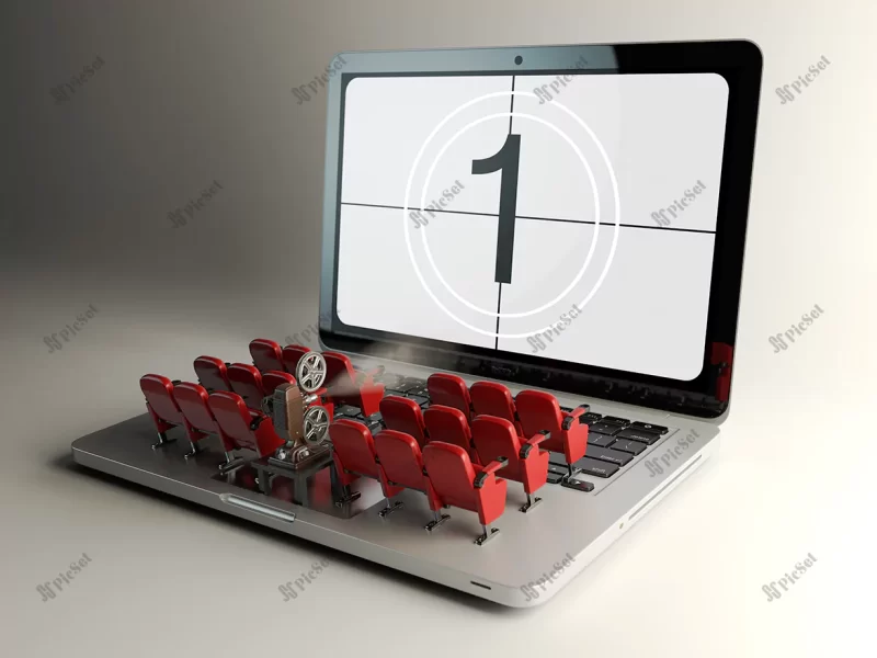 video player application home cinema concept laptop rows cinema seats 3d illustration / برنامه پخش کننده ویدیویی مفهوم سینمای خانگی لپ تاپ سه بعدی