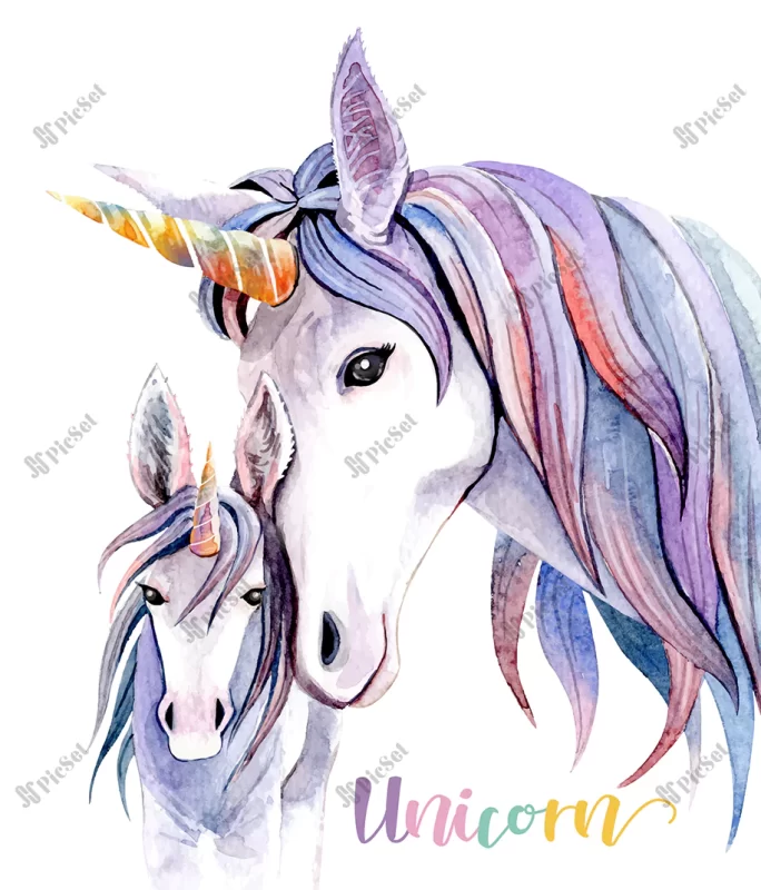 watercolor illustration mom unicorn baby / تصویر آبرنگ اسب تکشاخ
