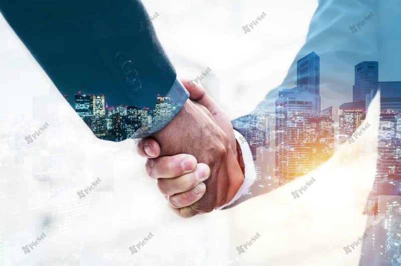 welcome double exposure business man partner handshake / خوش آمدید دست دادن شریک کسب و کار