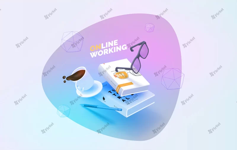 workplace flying elements books pen glasses cup coffee work online / کتاب لیوان فنجان قهوه کار آنلاین