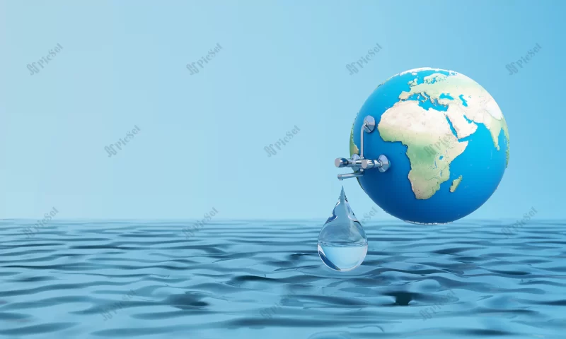 world water day saving water quality campaign environmental protection concept globe sphere floating water with faucet water drop blue isolated background 3d rendering illustration / کمپین روز جهانی صرفه جویی آب،حفاظت از محیط زیست، کره زمین سه بعدی و دریا
