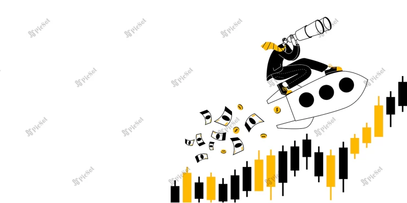 young man with binoculars is flying rocket against background forex chart / مرد جوان با دوربین در حال پرواز موشک در برابر نمودار فارکس، نمودار بورس و کندل استیک