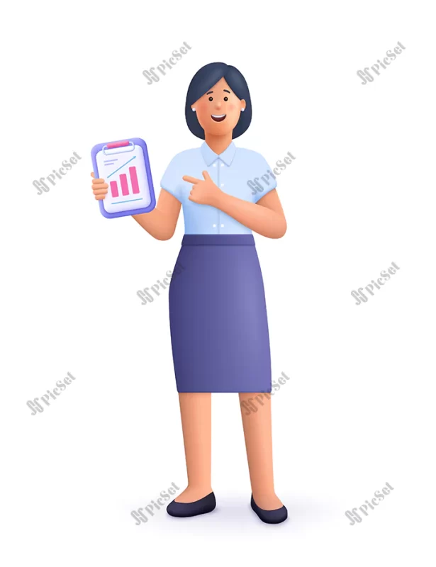 young smiling business woman office worker stands holds work documents folder 3d vector people character illustration cartoon minimal style / زن سه بعدی جوان خندان کارمند اداری با پوشه اسناد نمودار