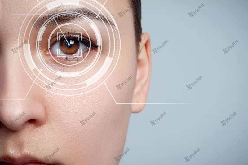 young woman s eye is close up concept new technology is iris recognition / چشم زن جوان، فناوری جدید، تشخیص عنبیه