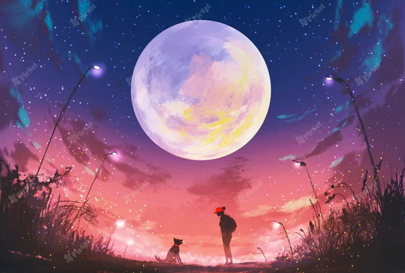 young woman with dog beautiful night with huge moon illustration painting / زن جوان با سگ در شب زیبا با تصویر ماه بزرگ