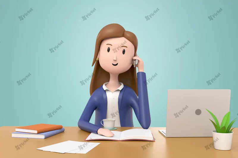 young woman working with computer office businesswoman talking smartphone during reading book / زن جوانی با دفتر و کامپیوتر در حال صحبت با گوشی موبایل و خواندن کتاب