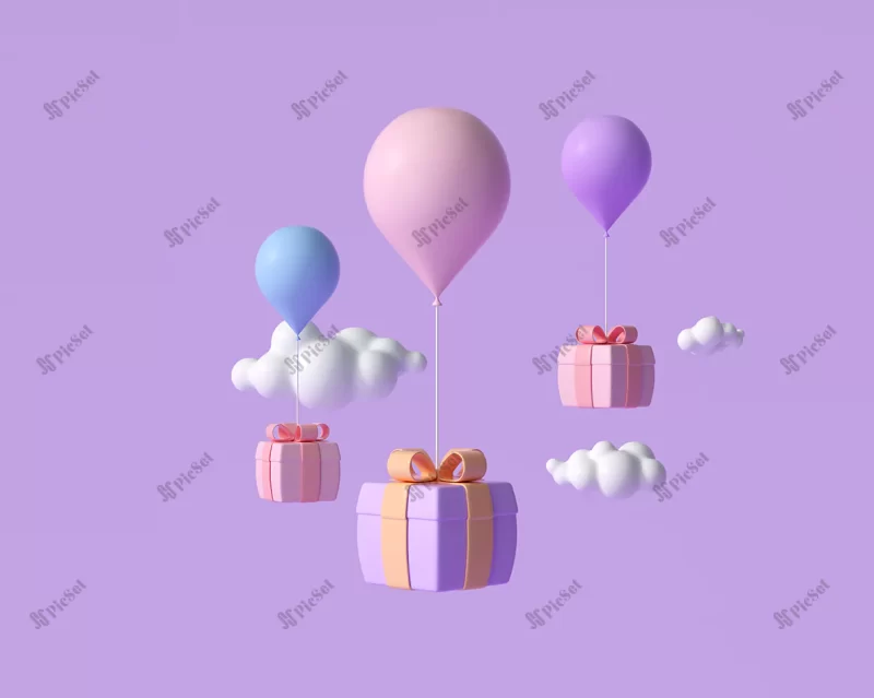 3d flying gift box with balloons online shopping greeting celebrate concept 3d render illustration / جعبه هدیه سه بعدی با بالن بادکنک تبریک خرید آنلاین مفهوم جشن