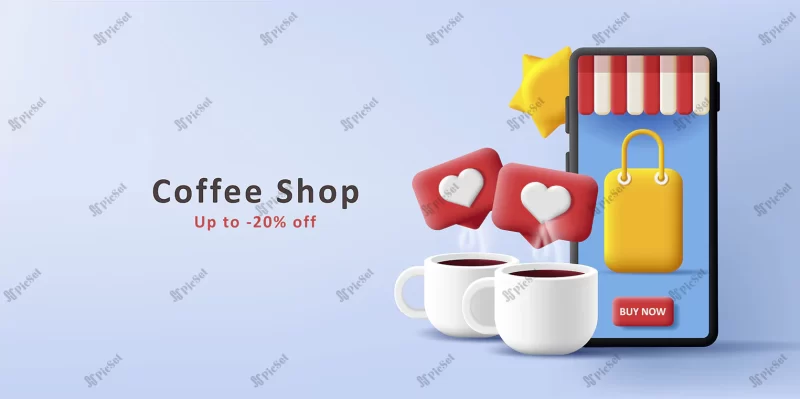 3d illustration smartphone with shopping coffee cups with likes / خرید فنجان قهوه آنلاین با موبایل گوشی هوشمند سه بعدی و لایک مشتری