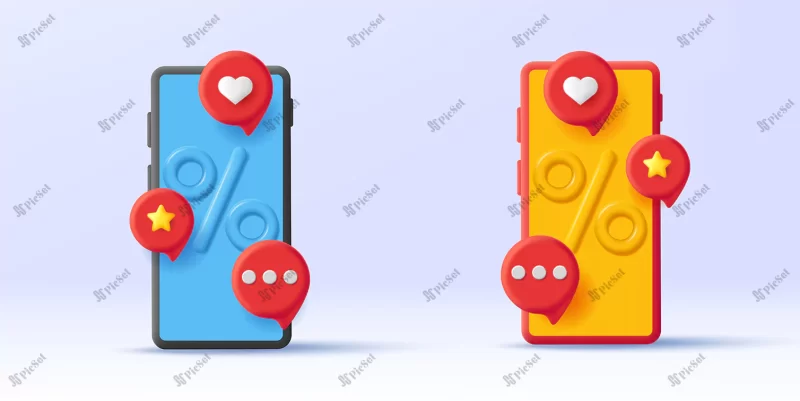 3d illustration smartphone with volume percent sign poping notifications with likes hearts / تلفن هوشمند سه‌بعدی با اعلان‌های علامت درصد صدا با قلب لایک