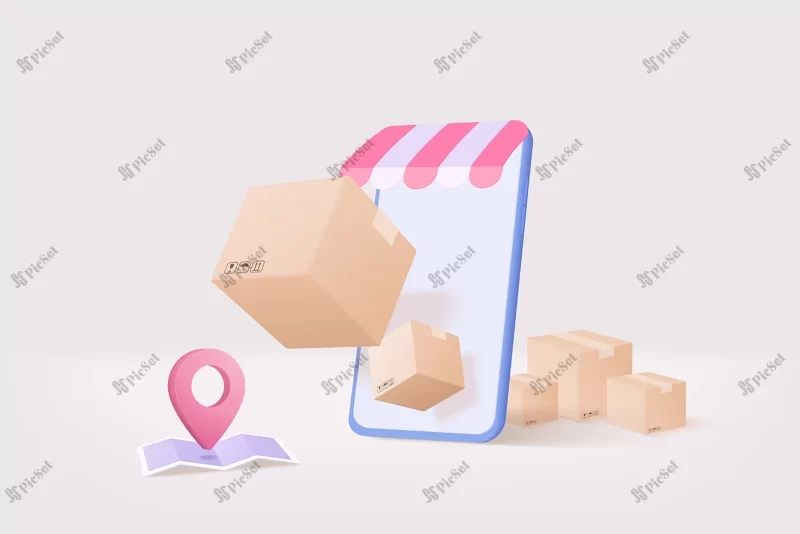 3d online deliver service delivery tracking smartphone pin location point marker map shipment concept product shipping packing out from mobile logistic icon 3d vector render illustration / تحویل آنلاین سه بعدی با گوشی هوشمند پین لوکیشن موقعیت نقشه مفهوم حمل و نقل محصول بسته بندی از نماد لجستیک موبایل