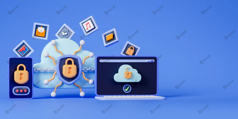 3d render cloud computing with security system smartphone laptop computer / لپتاپ سه بعدی محاسبات ابری با سیستم امنیتی رایانه لپ تاپ تلفن هوشمند موبایل