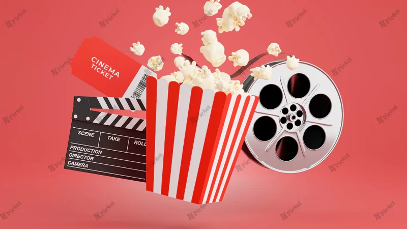 3d render popcorn with cinema time / پاپ کورن با زمان سینما سه بعدی