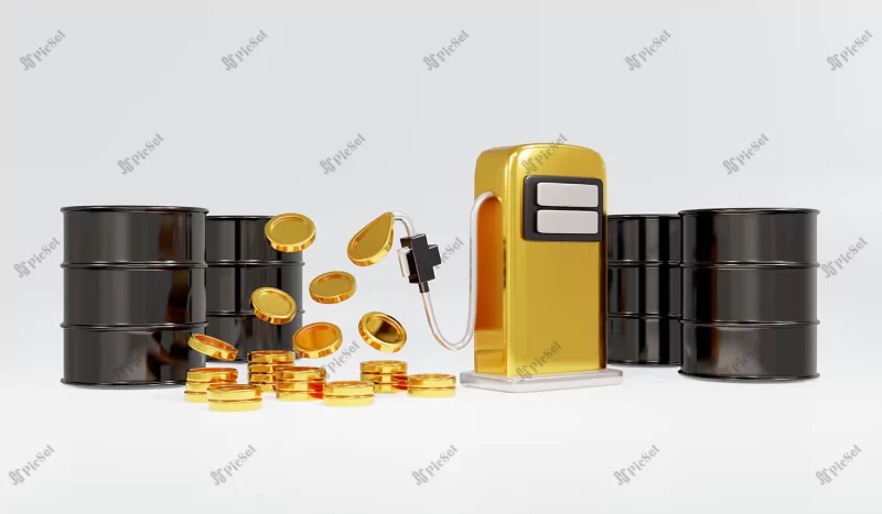 3d rendering oil barrel fuel pump nozzle with cash concept commodity oil stock price financial 3d render illustration cartoon style / سه بعدی پمپ بنزین سوخت بشکه نفت با مفهوم قیمت سهام نفت کالای نقدی مالی سه بعدی