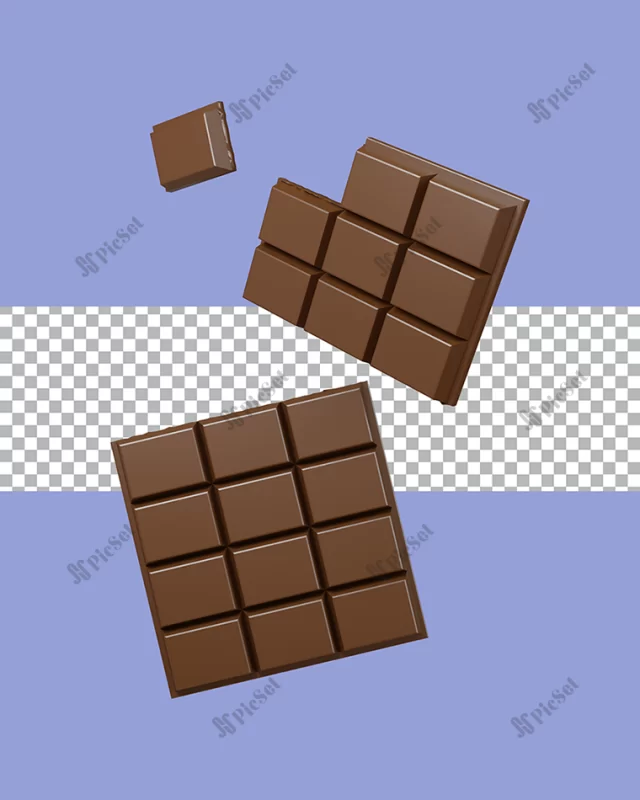 3d rendering sweet chocolate bar cut transparent / برش تکه های شکلات سه بعدی