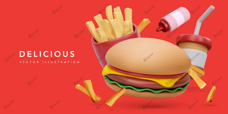 banner with 3d realistic burger coffee cup fries potatoes ketchup isolated red background vector illustration / بنر برگر سه بعدی با سس کچاپ و لیوان نوشابه