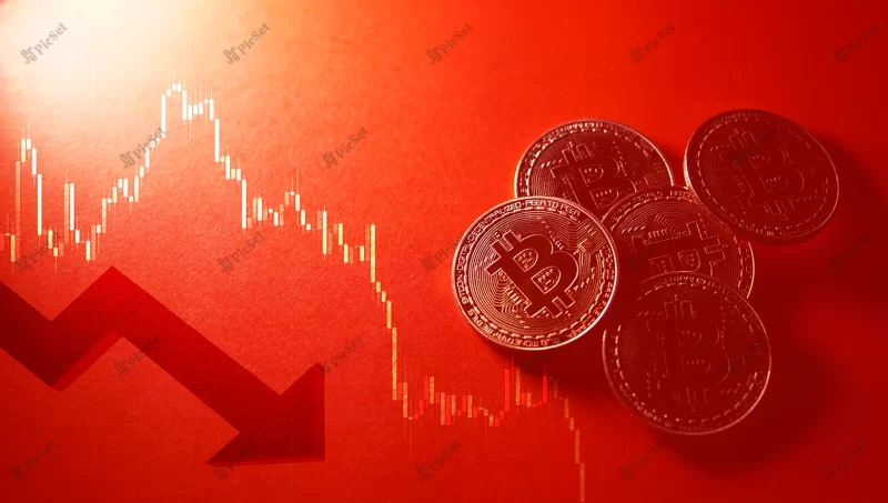 bitcoin crypto currency isolated red background red market concept / مفهوم سرمایه گذاری در بازار قرمز پس زمینه قرمز ارز دیجیتال بیت کوین