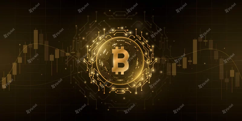 bitcoin cryptocurrency with candlestick price pattern background digital coin btc banner website presentation futuristic business concept blockchain graphic design vector illustration / رمزارز بیت کوین با الگوی نمودار کندل استیک سکه دیجیتال بلاک چین مفهوم کسب و کار آینده نگر