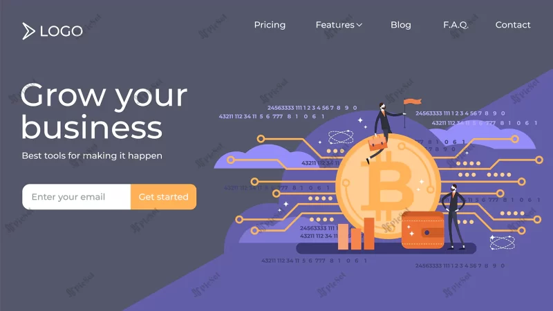 bitcoin flat mini persons vector illustration landing page template design / طراحی قالب صفحه فرود لندینگ پیج رمز ارز دیجیتال بیت کوین