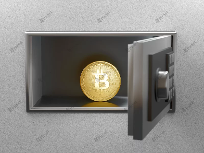 bitcoin safe concept bitcoin investment 3d rendering / سرمایه گذاری امن بیت کوین سه بعدی، بیت کوین در صندوق امانات مالی