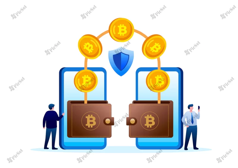 bitcoin transfer flat vector illustration banner / بنر انتقال بیت کوین آنلاین