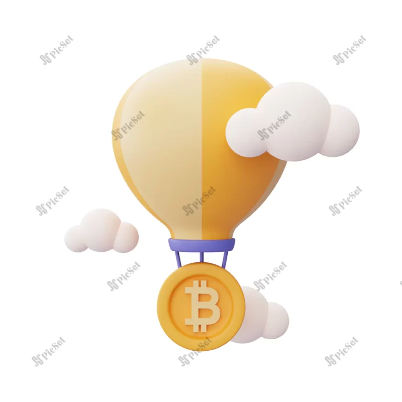 bitcoin with hot air balloon surrounded by cloud isolated white background blockchain technology minimal style 3d rendering / بیت کوین سه بعدی با بالون، فناوری بلاک چین پس زمینه سفید از ابر
