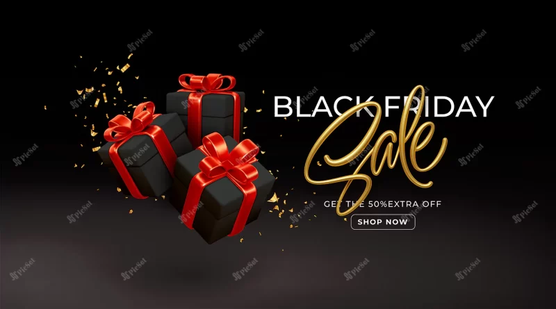 black friday sale background with realistic 3d black gift boxes with red bows gold lettering sale vector illustration / پس‌ زمینه فروش جمعه سیاه با جعبه‌ های هدیه سیاه سه‌ بعدی و ربان قرمز