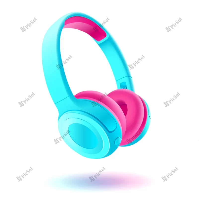 blue pink headphones white background realistic illustration / پس زمینه سفید هدفون صورتی آبی