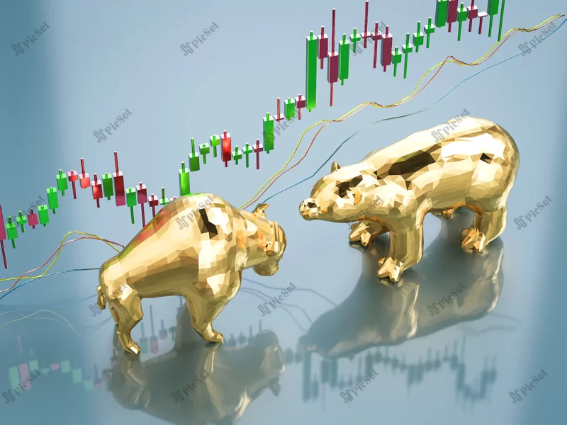 bull bear economy concept with bull bear confront / مقابله خرس و گاو مفهوم سرمایه گذاری مالی اقتصاد بازار ارز دیجیتال نمودار کندل استیک