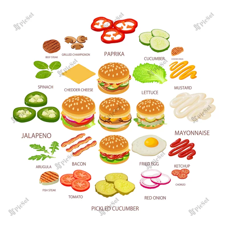burger ingredient icons set isometric style / آیکون های مواد تشکیل دهنده همبرگر سبک ایزومتریک