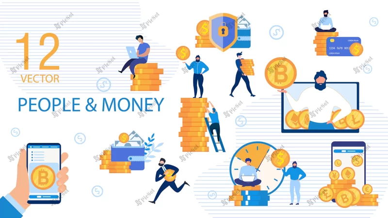 business people money flat vector concepts set / سکه و بیت کوین خرید و فروش آنلاین پول و افراد تجاری