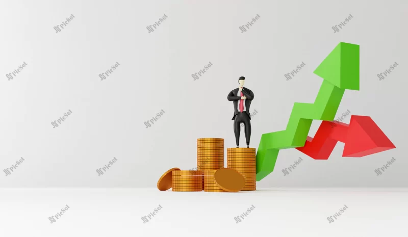 businessman with coins arrow strategy 3d rendering / تاجر با نمودار رشد و کاهش مالی و سرمایه گذاری سکه سه بعدی