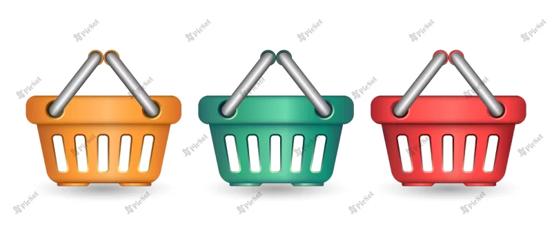 cartoon realistic three dimensional empty shopping carts with handle isolated white background / سبد خرید سه بعدی خالی با دسته ایزوله