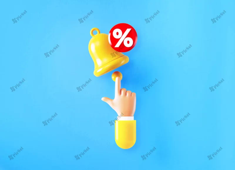 cartoon style human hand clicking yellow subscription bell sitting percentage sign 3d illustration / دست انسان و کلیک کردن بر روی زنگ زنگوله سه بعدی اشتراک زرد علامت درصدتخفیف سه بعدی
