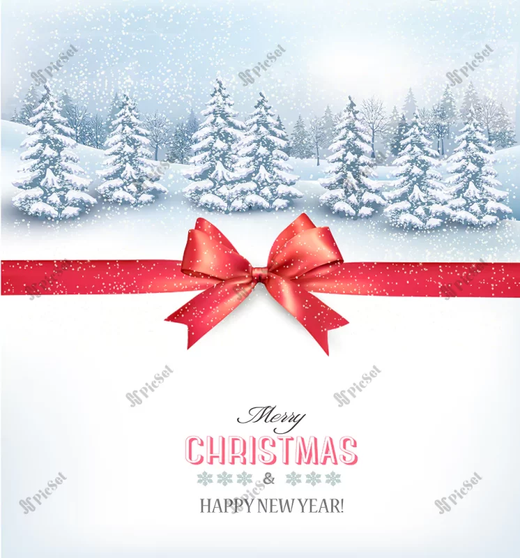 christmas background with snowy landscape red bow vector / پس زمینه کریسمس منظره برفی درخت کاج با ربان قرمز 