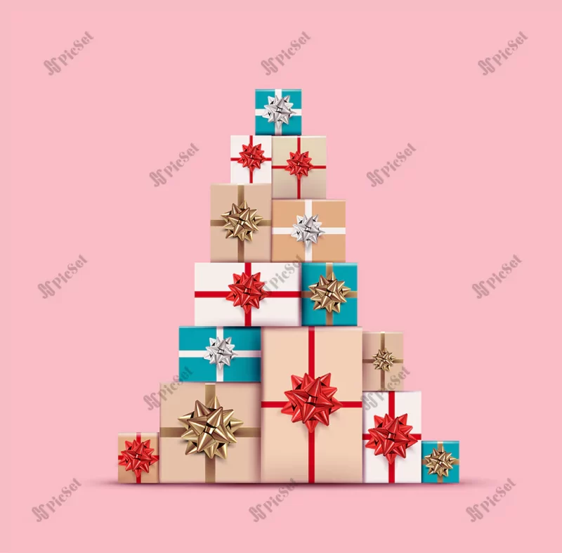 christmas gifts present colored boxes laid out christmas tree  / هدایای کریسمس جعبه های رنگی روی هم چیده شده مثل درخت کریسمس