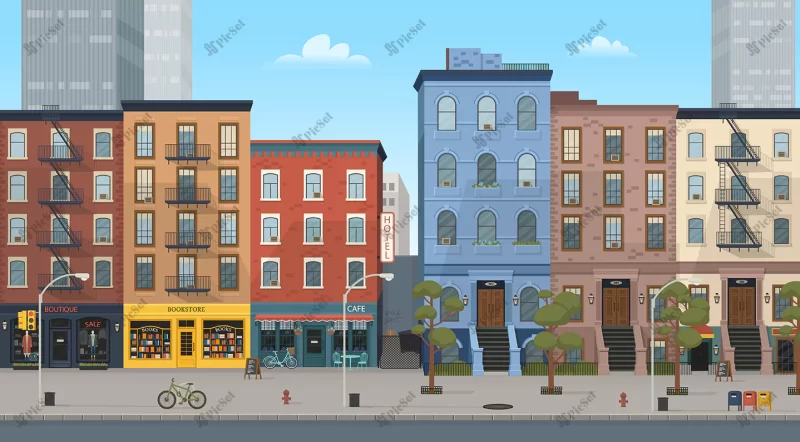 city building houses with shops boutique cafe bookstore illustration style background games mobile applications / ساختمان شهری خانه با مغازه ها بوتیک کافه کتابفروشی