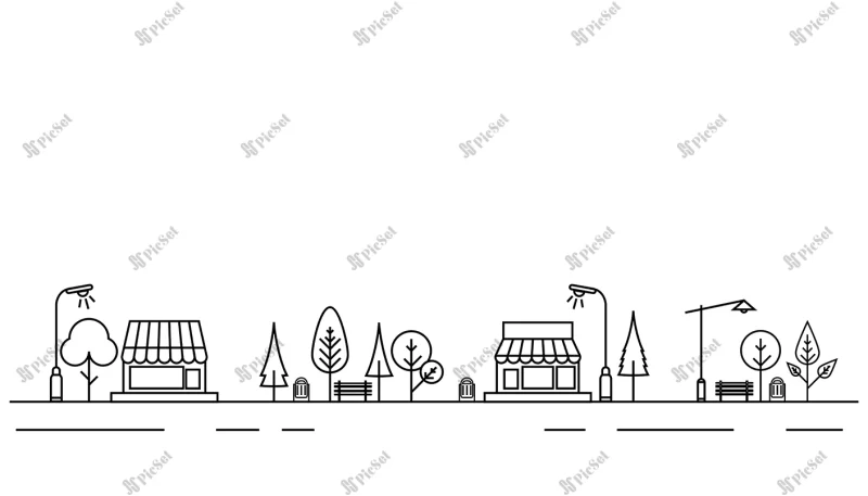 city skyline city silhouette vector illustration flat design / نمای شهری خطی و افقی، خیابان و خانه ها