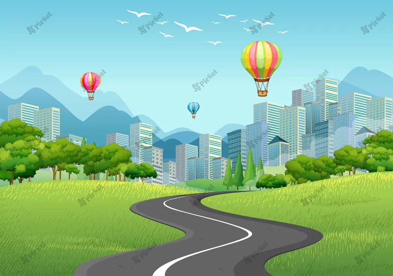 city with tall buildings balloons / جاده شهری با ساختمان های بلند و بالن هوایی