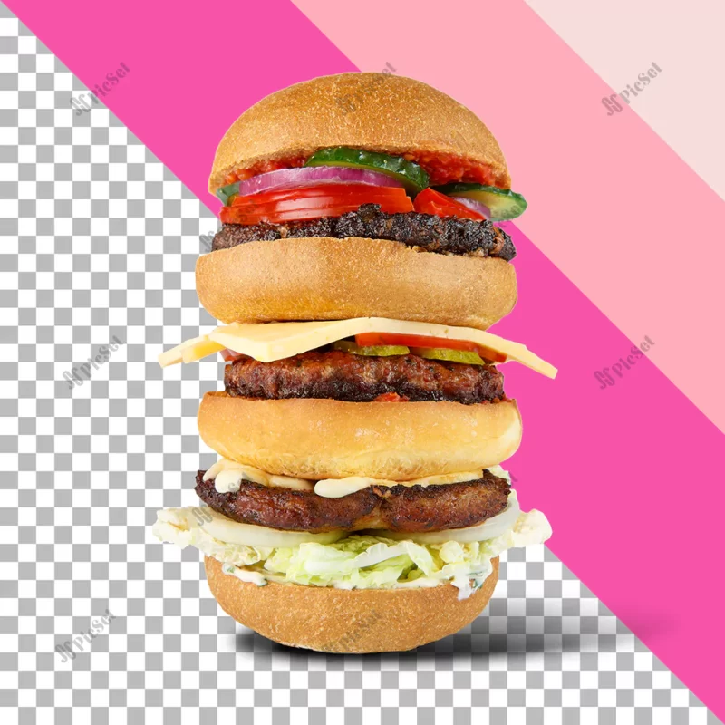 close up view very tall pile cheeseburgers isolated_525434 7 / نمای نزدیک ساندویچ چیزبرگر سه بعدی بسیار بلند