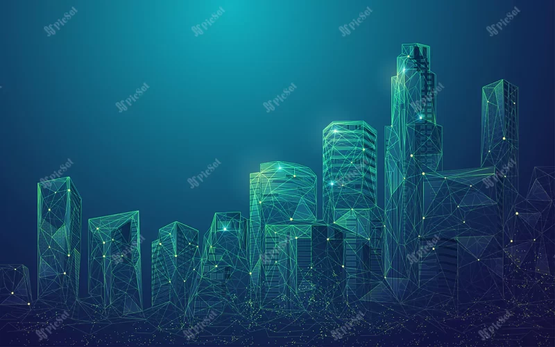 concept digital city smart city graphic polygonal buildings with futuristic element / ساختمان های چند ضلعی گرافیکی شهر هوشمند دیجیتال مفهوم آینده نگری