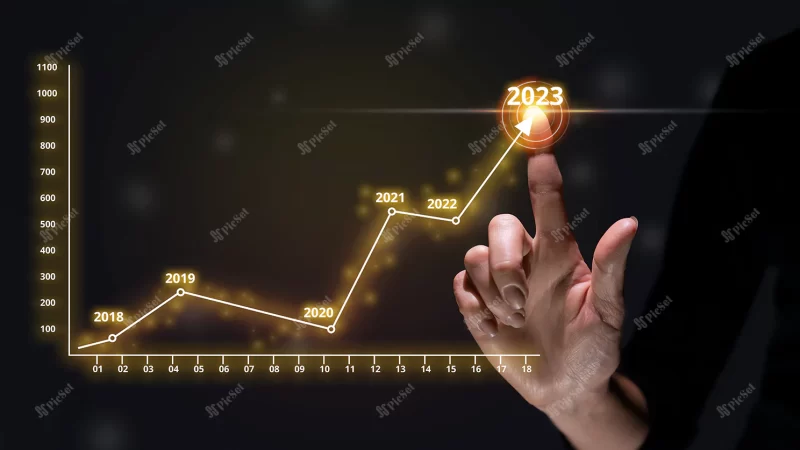 concept new year 2023 holographic graph with growth / نمودار هولوگرافیک سال جدید 2023 با رشد
