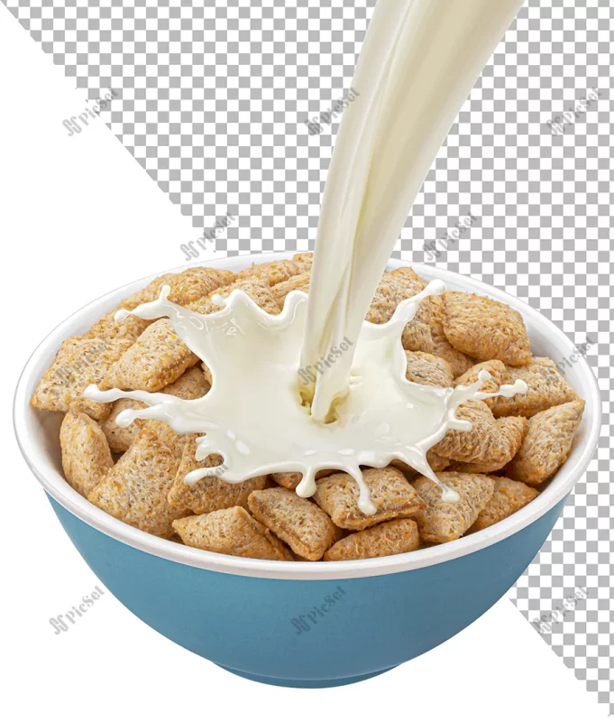 corn pads with pouring milk isolated white background / صبحانه ذرت با شیر در کاسه آبی رنگ