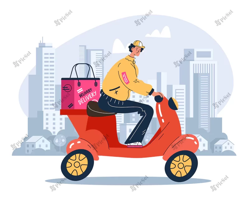 courier character riding bike delivering order flat graphic design cartoon illustration / کاراکتر پیک دوچرخه سواری سفارش تحویل سریع با موتور